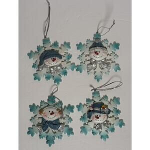 Lot of 4 Snowman Snowflake Blue White Silver Hats 4" Figurine Ornament